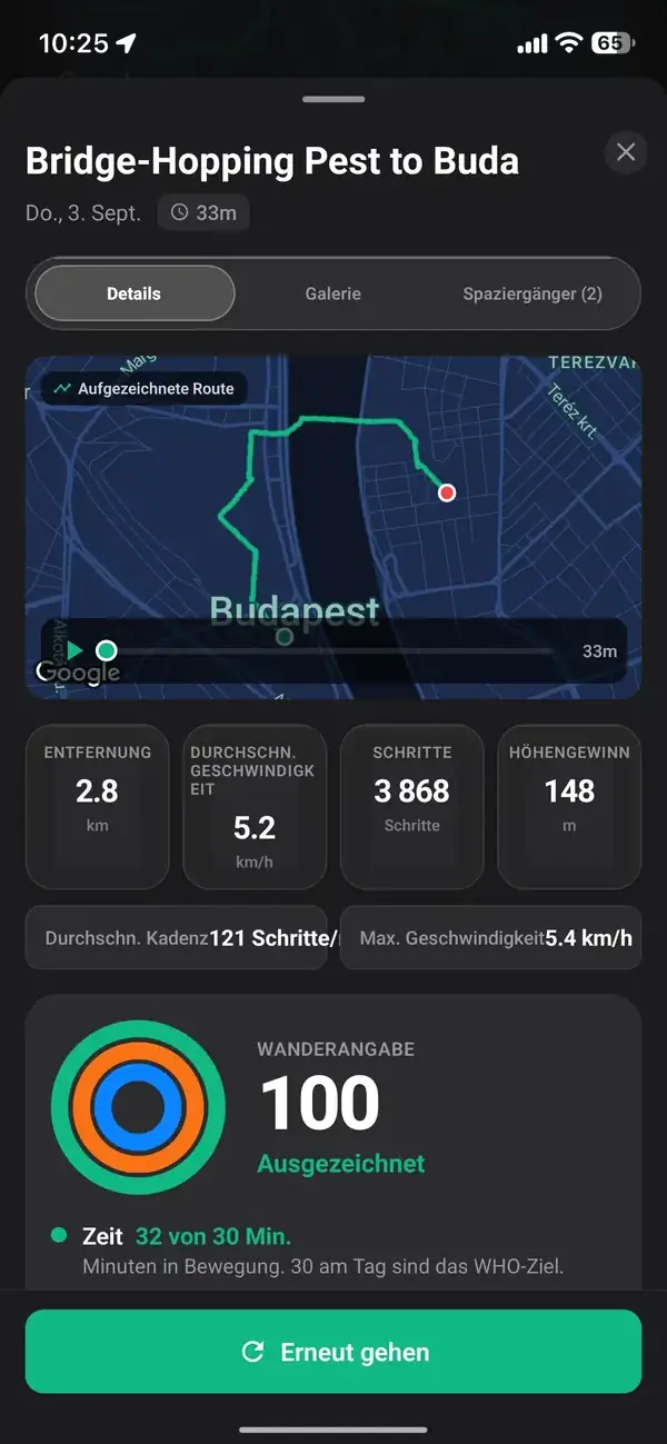 Walk With Me Live-Tracker mit Anzeige von Tempo, Distanz und Kalorien