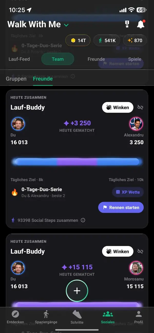 Zwei Walking-Buddys teilen eine Serie und ein siebentägiges Schritt-Duell
