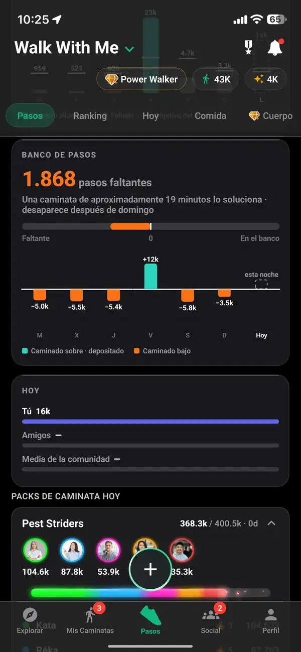 Historial de pasos con totales diarios y semanales