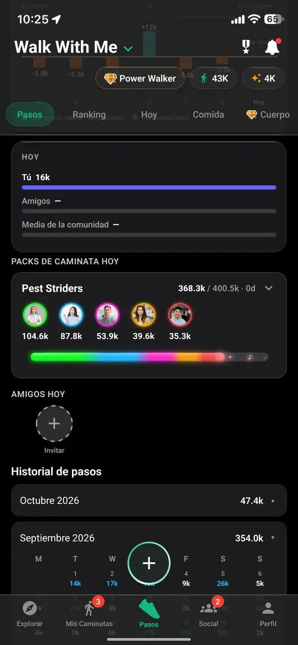 Historial de pasos y de clasificación en el perfil