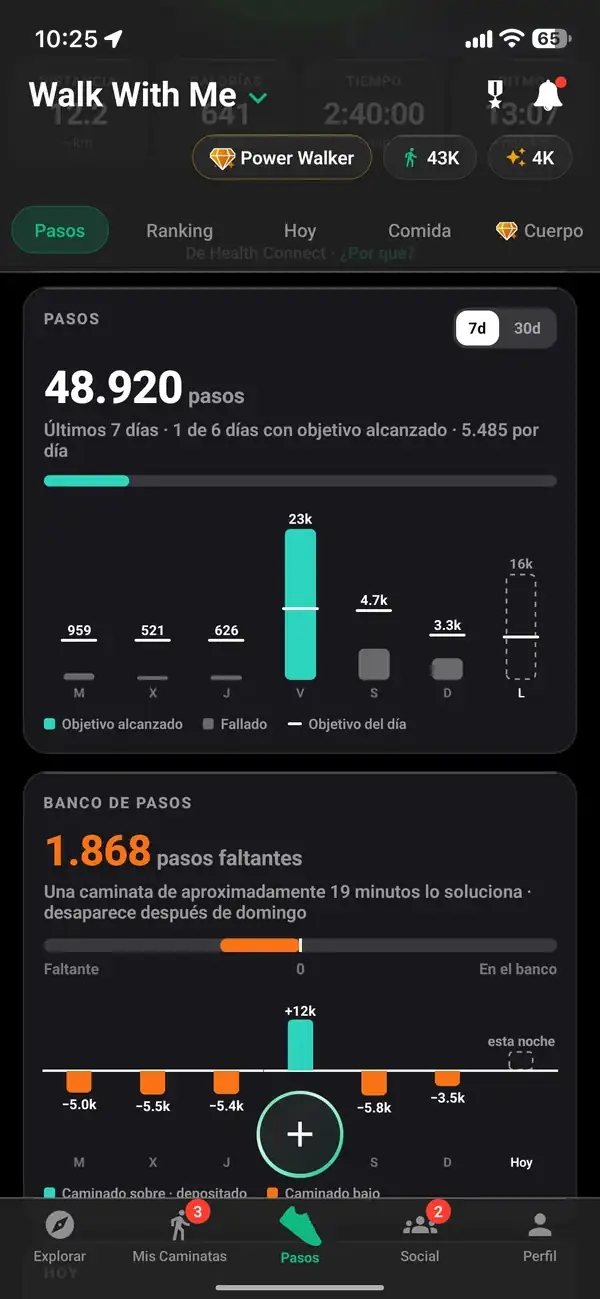 Estadísticas de pasos de Walk With Me con totales semanales, promedio y racha