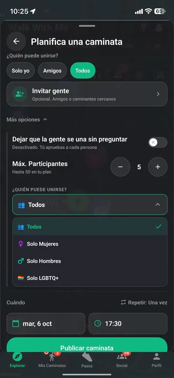 Configurar una caminata como anfitriona y elegir Solo mujeres