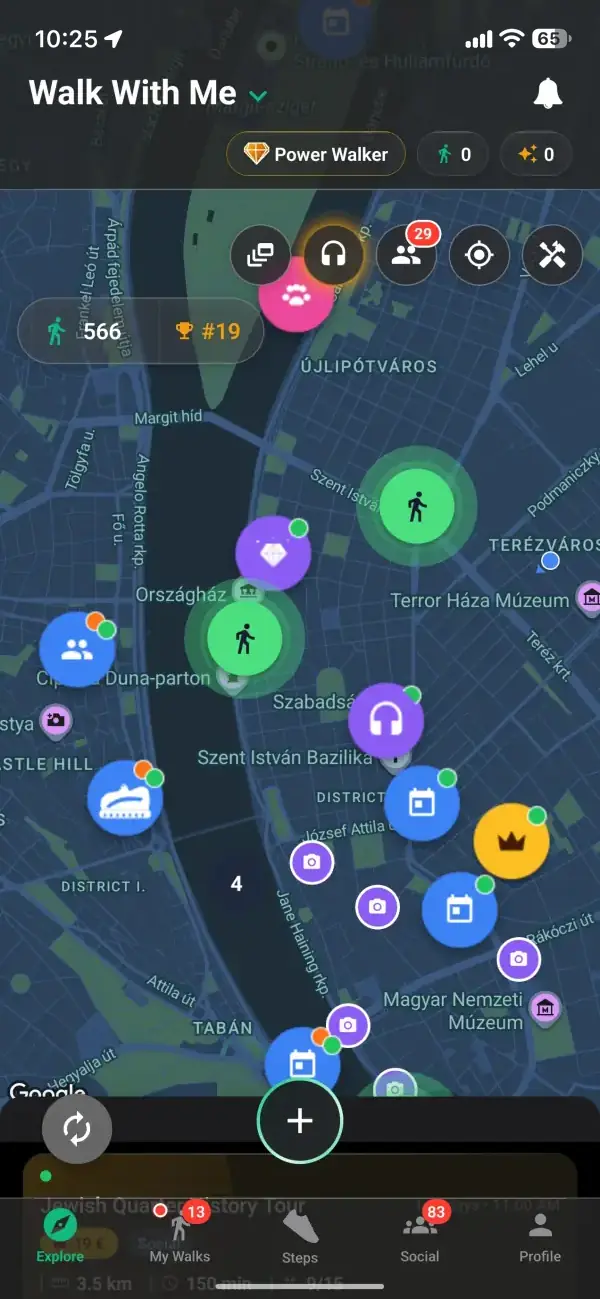 The Explore map with walks nearby