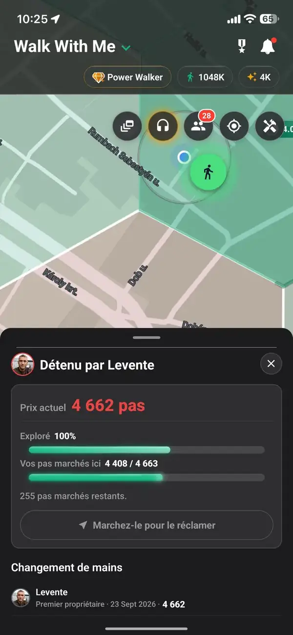 Un Hex détenu avec son prix et les pas cumulés de chaque marcheur
