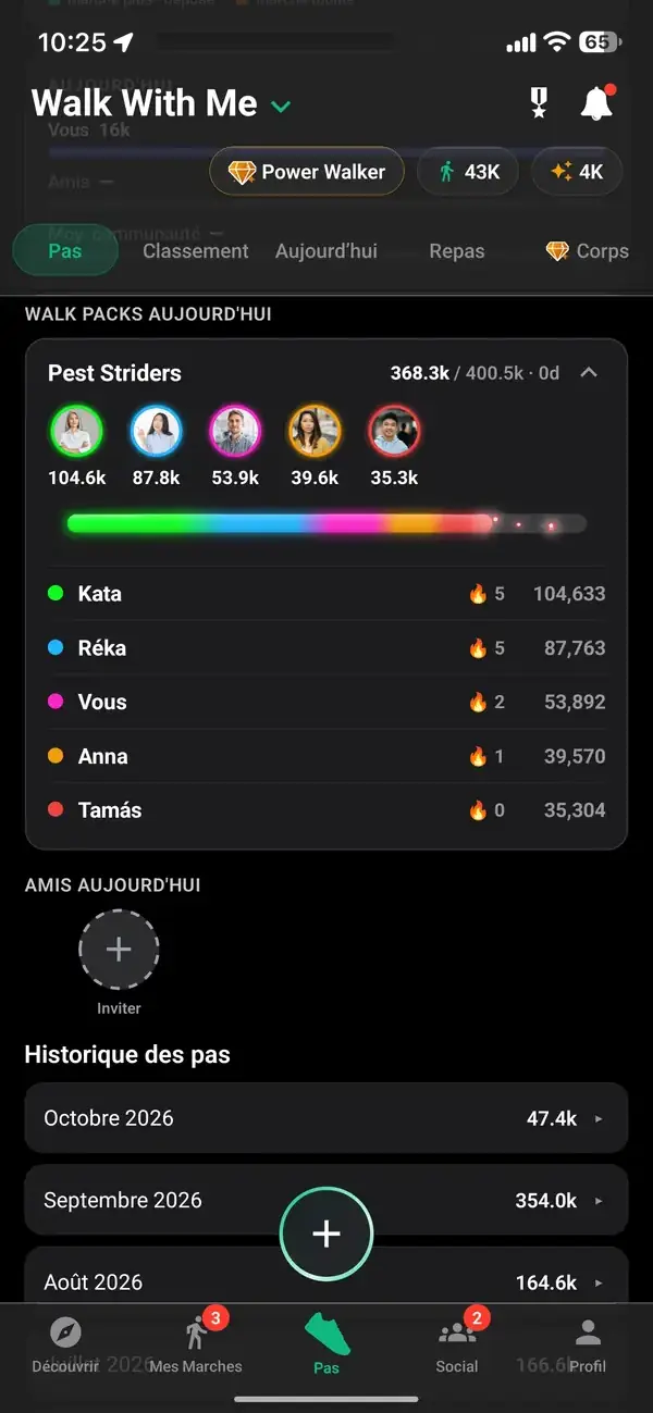 Historique des pas et du classement sur le profil