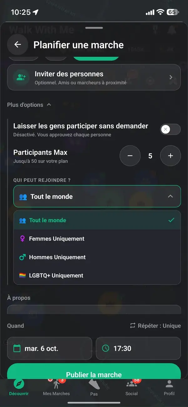 Configuration d'une marche par l'hôte avec l'option Femmes uniquement