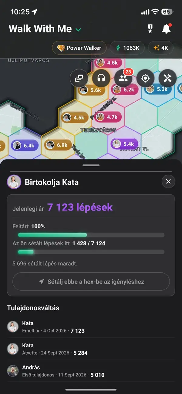 Egy elfoglalt hatszög az árával és minden sétáló összegyűjtött lépéseivel