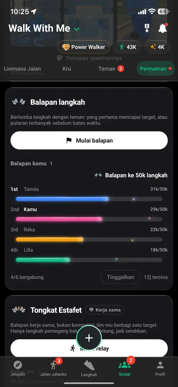 Perlombaan ke 50.000 langkah antar teman, dengan kamu di tempat kedua