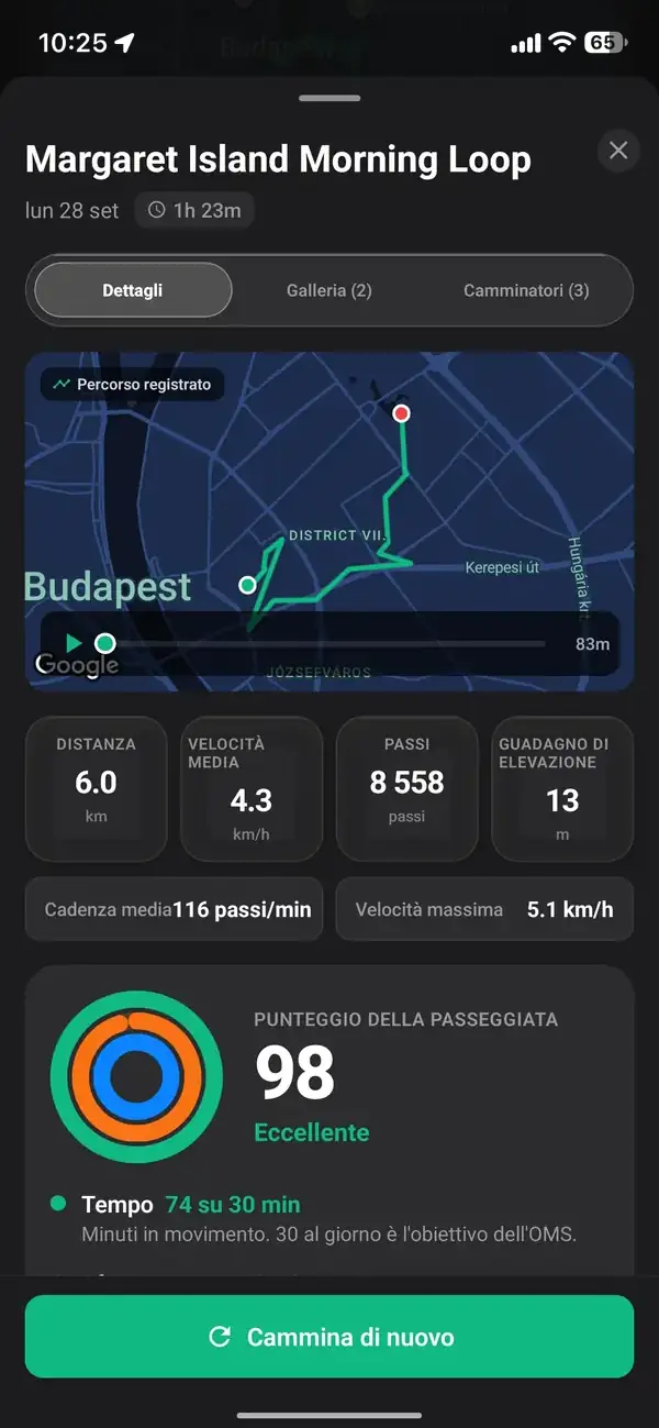 Il tracker in tempo reale di Walk With Me che mostra andatura, distanza e calorie