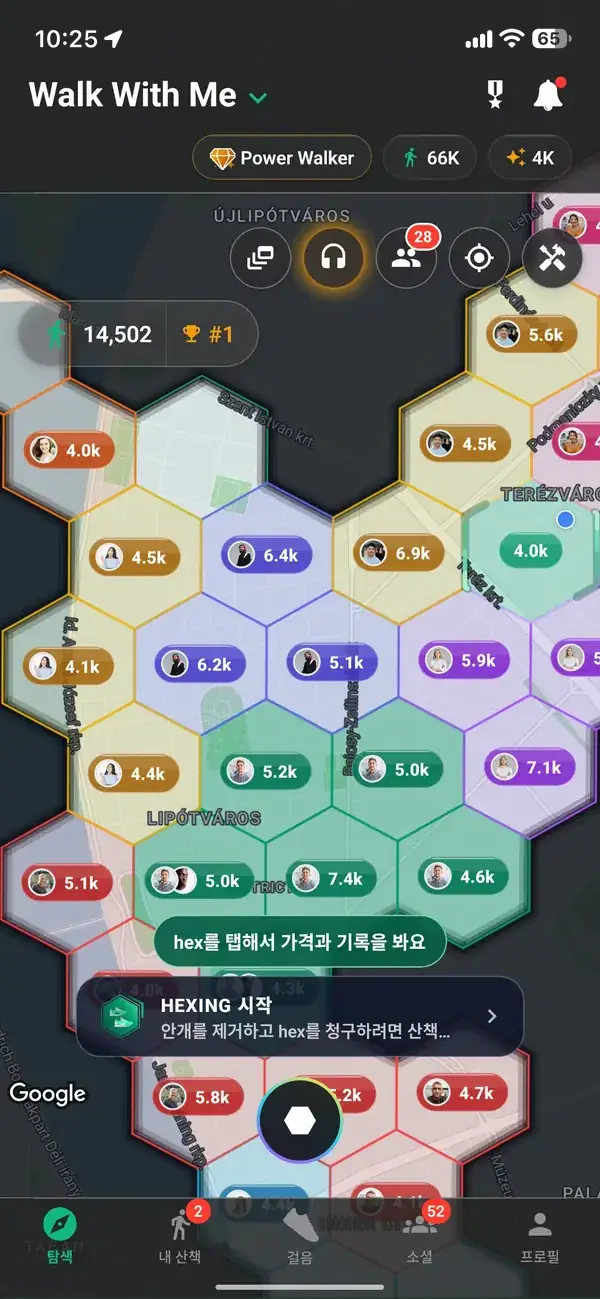 지도에서 지켜지고 있는 육각형과 그 가격