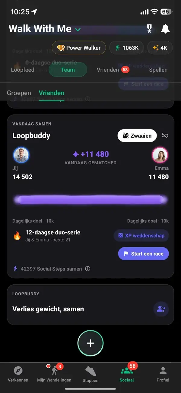 Twee wandelbuddy's die een streak en een zevendaagse stappenrace delen