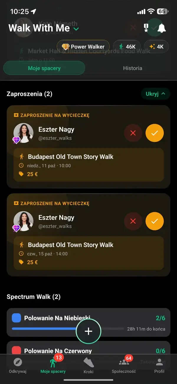 Zakładka Moje spacery z zaplanowanymi wyjściami i prośbami o dołączenie
