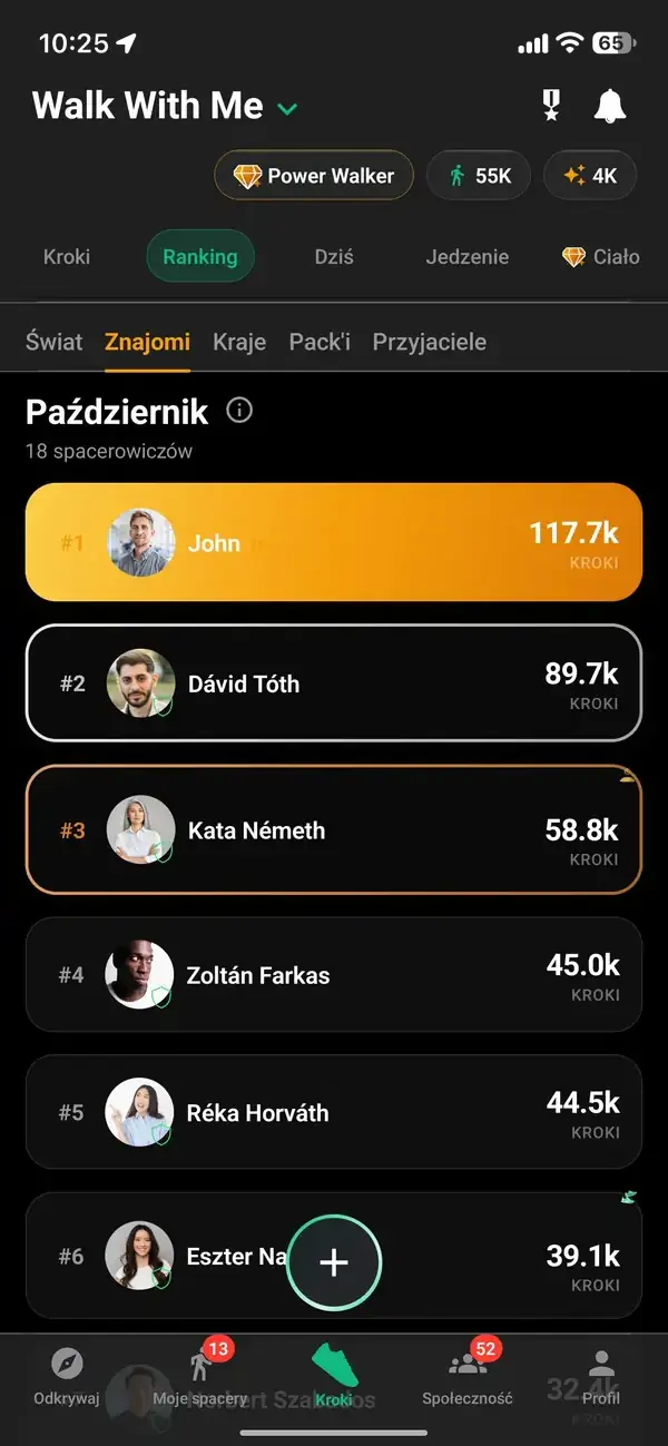 Widok Znajomych w rankingu kroków