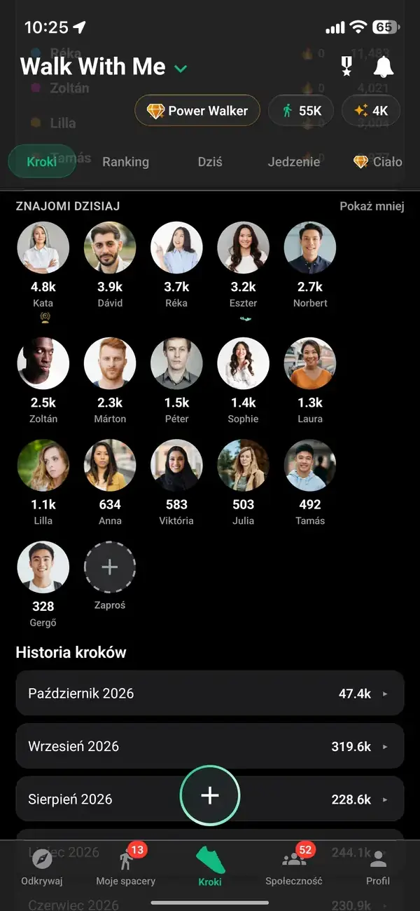 Historia kroków i miejsc w rankingu na profilu