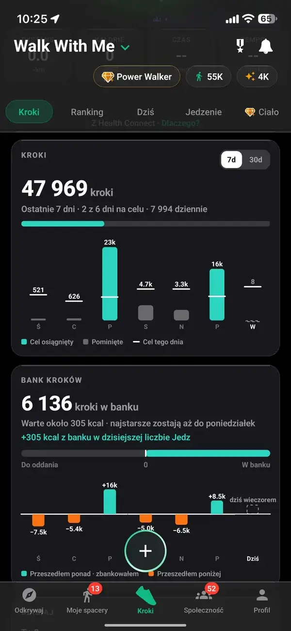 Statystyki kroków Walk With Me z tygodniowymi sumami, średnią i serią