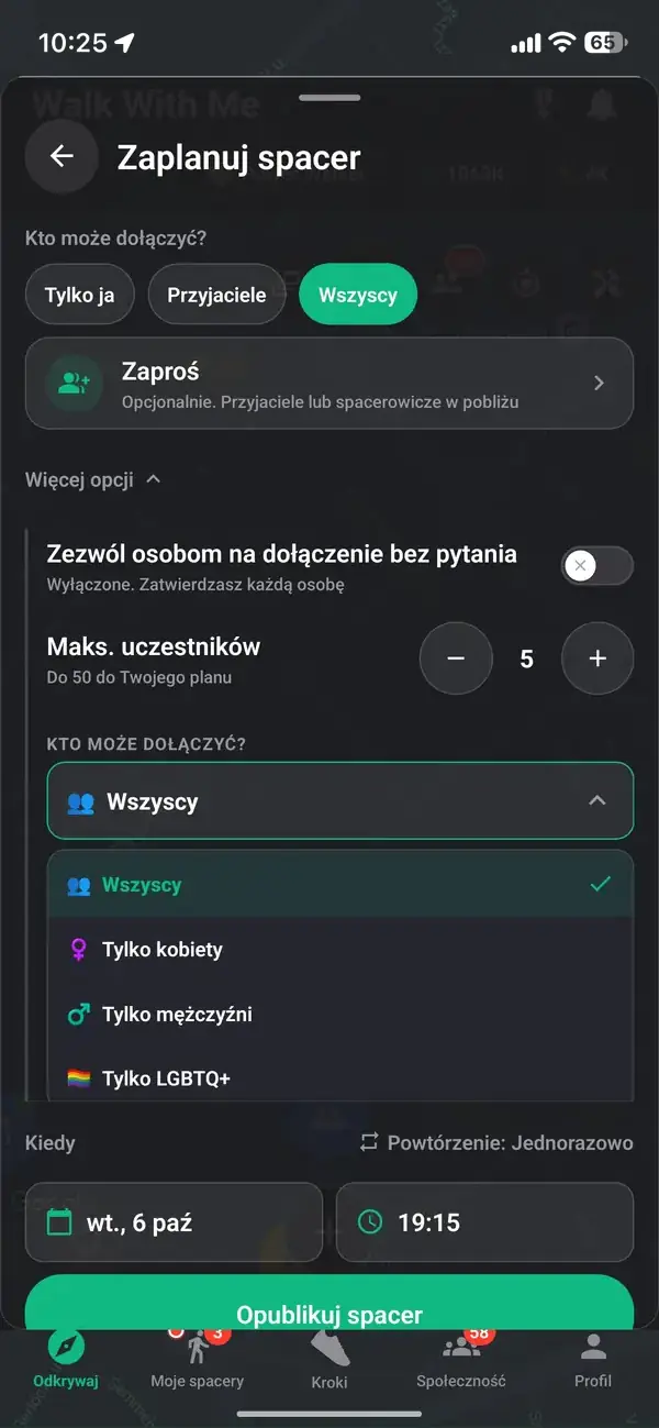 Ustawianie spaceru jako gospodarz i wybieranie opcji Tylko dla kobiet