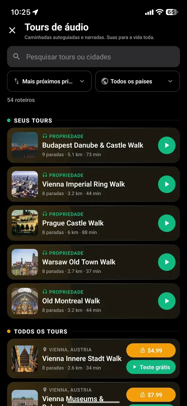 Toque nos fones dourados e escolha um tour