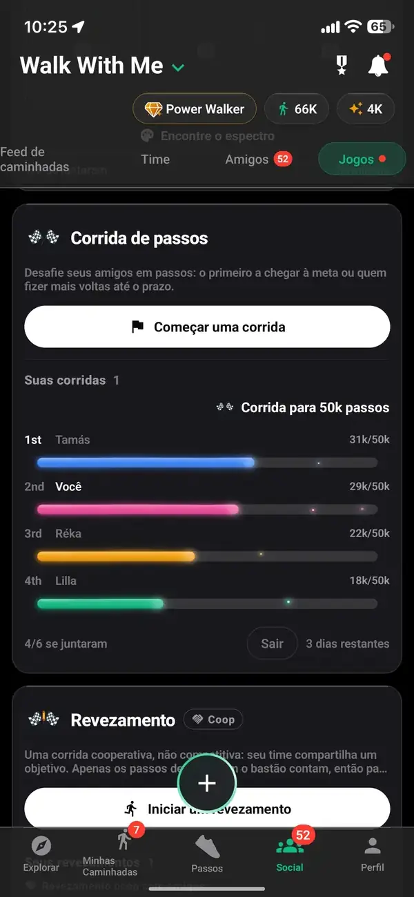 Uma corrida para 50.000 passos entre amigos, com você em segundo lugar