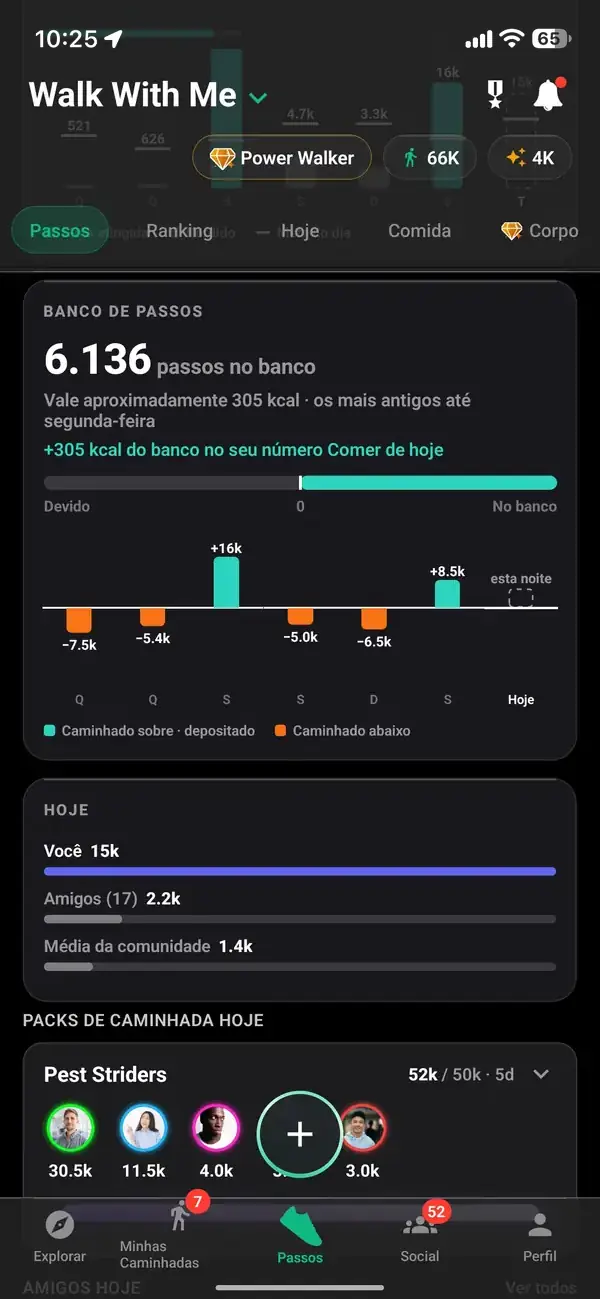 Histórico de pasos com totais diários e semanais
