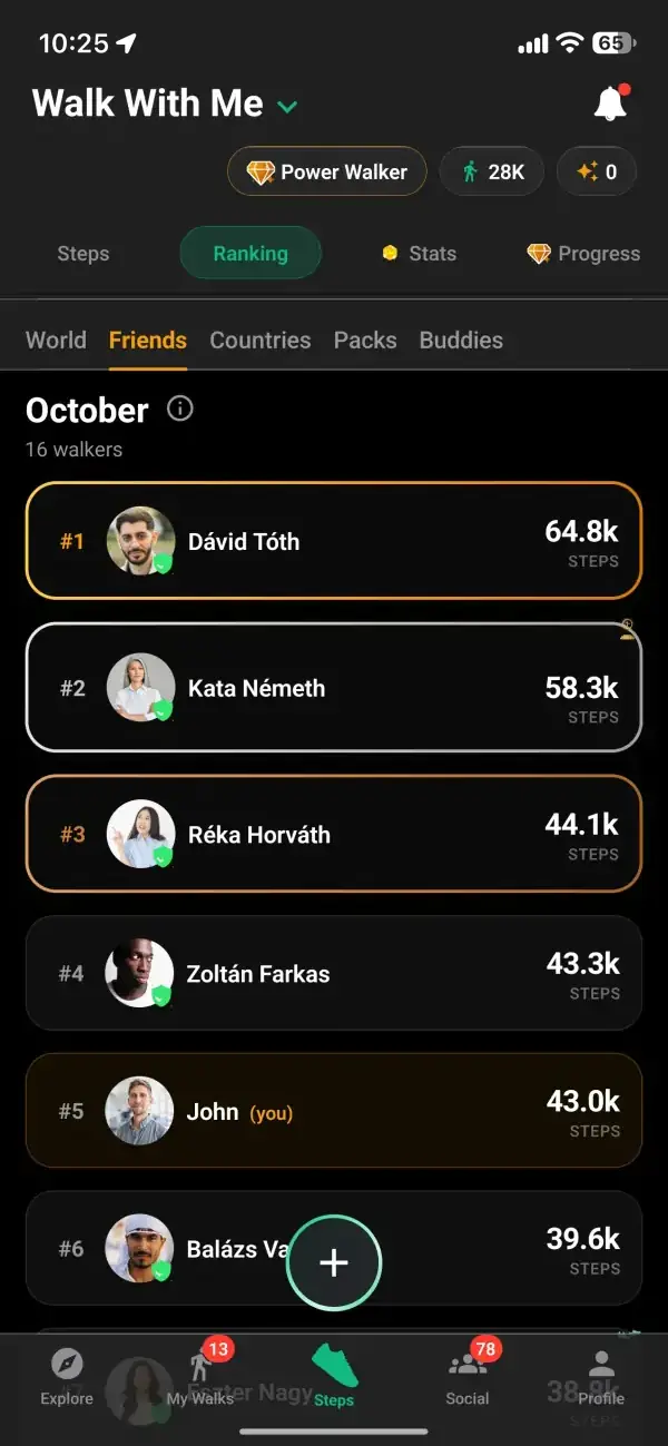 Friends view of the step rankings