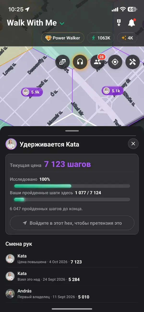 Гексагон в собственности с его ценой и накопленными шагами каждого ходока