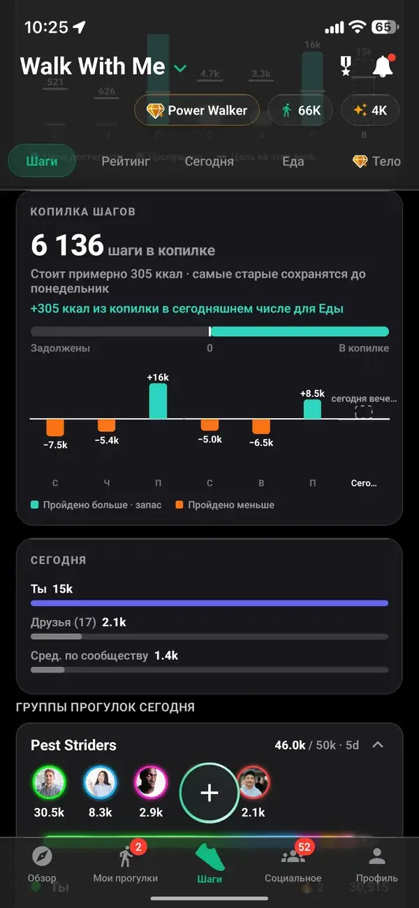 История шагов с дневными и еженедельными суммами