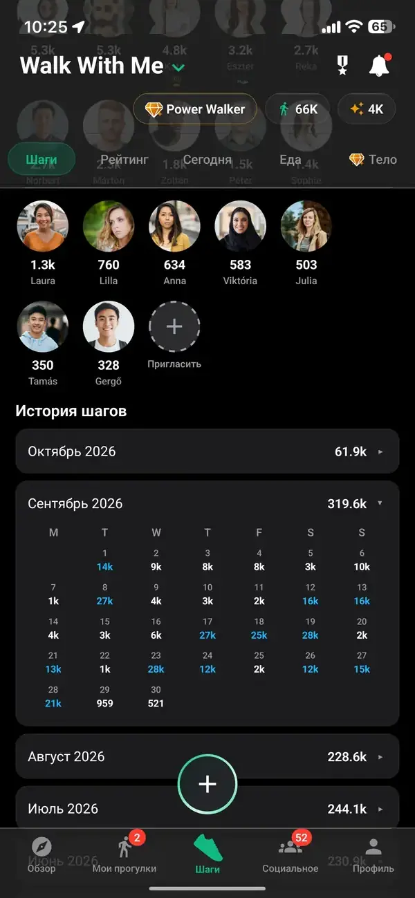 История шагов и рейтингов в профиле