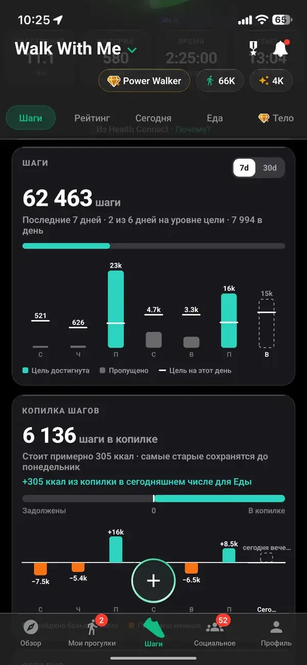 Статистика шагов в Walk With Me с итогами за неделю, средним значением и серией