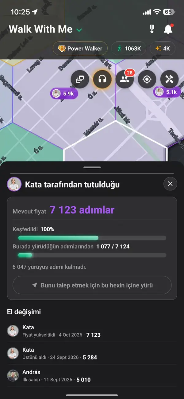Fiyatıyla ve her yürüyüşçünün biriktirdiği adımlarla tutulan bir hex