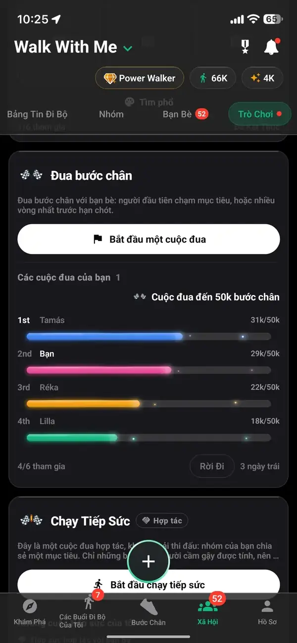Một cuộc đua đến 50.000 bước giữa bạn bè, với bạn ở vị trí thứ hai