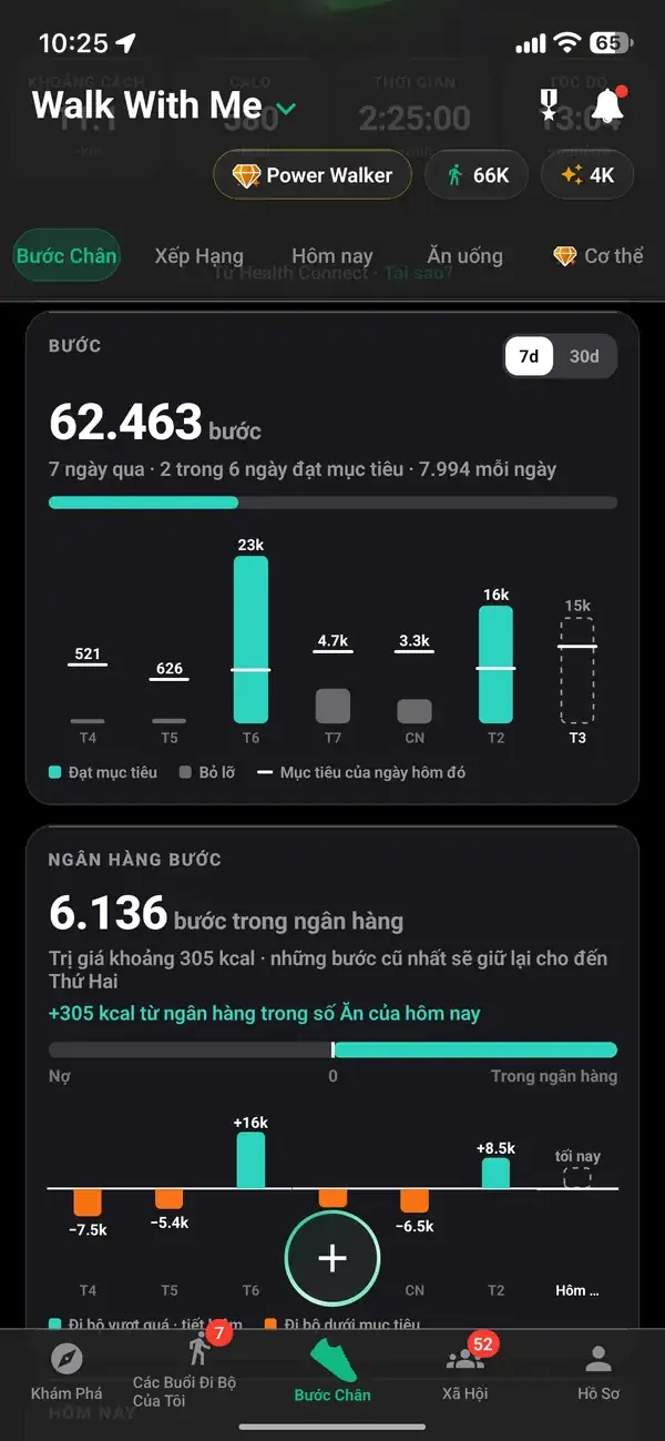 Thống kê các bước Walk With Me với tổng số hàng tuần, trung bình và streak