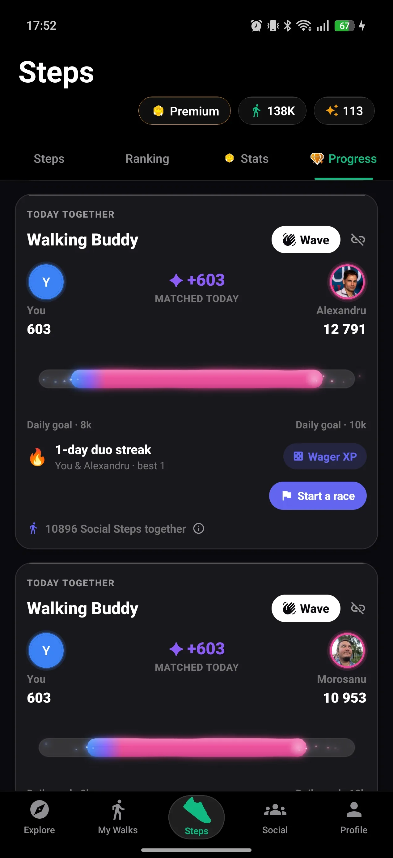 Walking buddy step race and joint streak