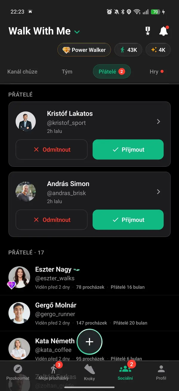 Přidání chodce jako přítele
