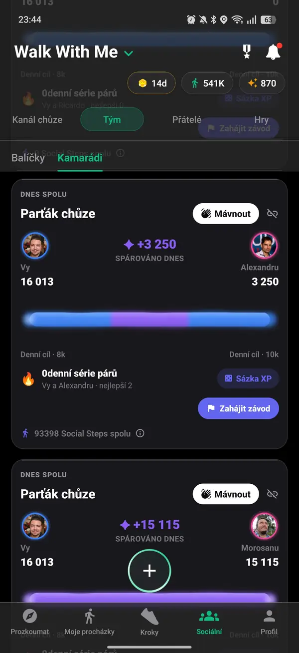Dva parťáci na chození sdílející sérii a sedmidenní závod v počtu kroků