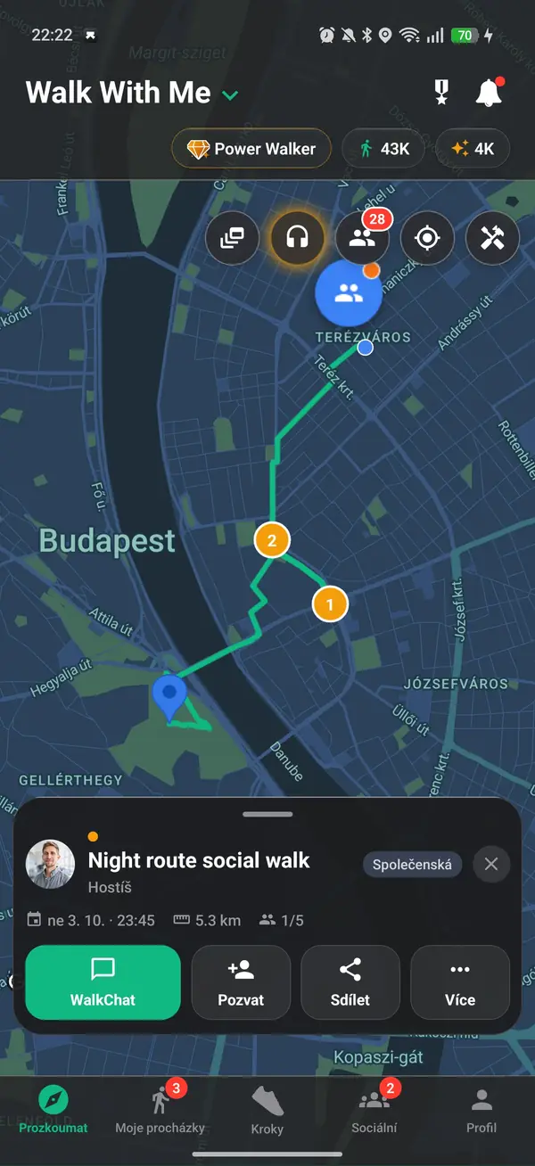 Záložka Kontrolní body na živé procházce s číslenými piny na mapě