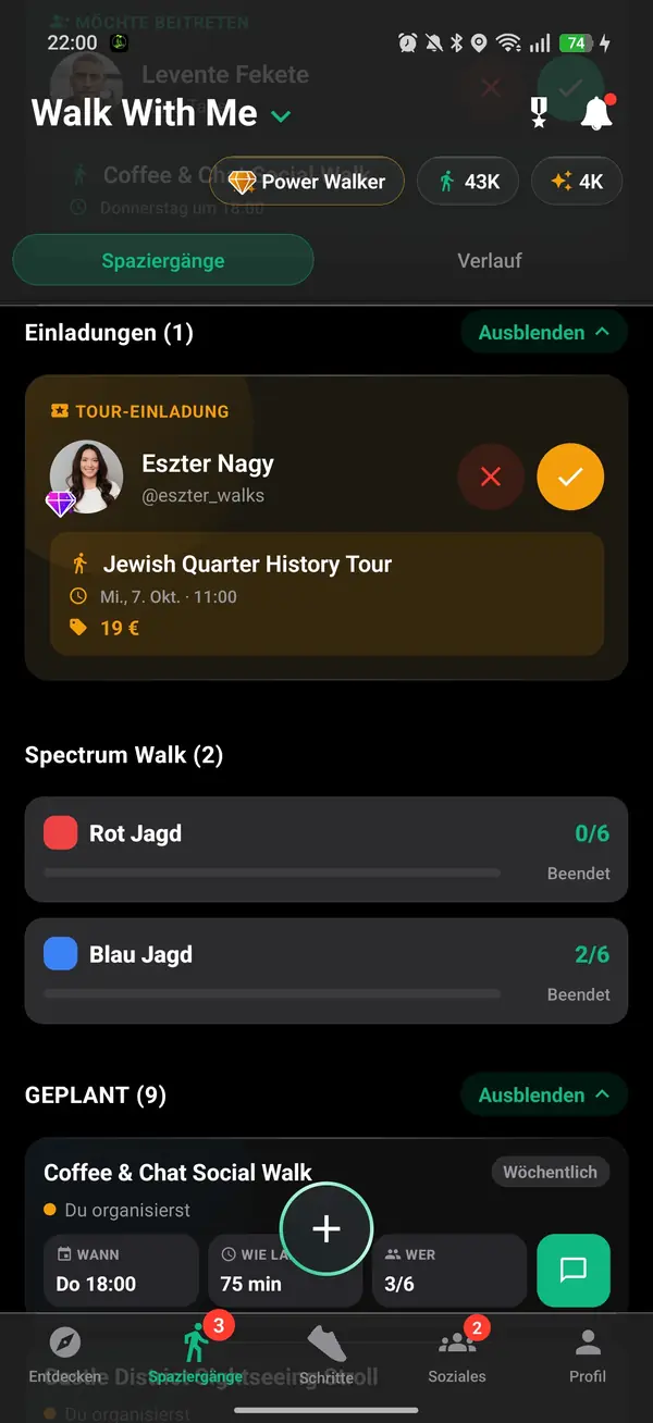 Der Tab „Meine Walks“ mit geplanten Spaziergängen und Beitrittsanfragen