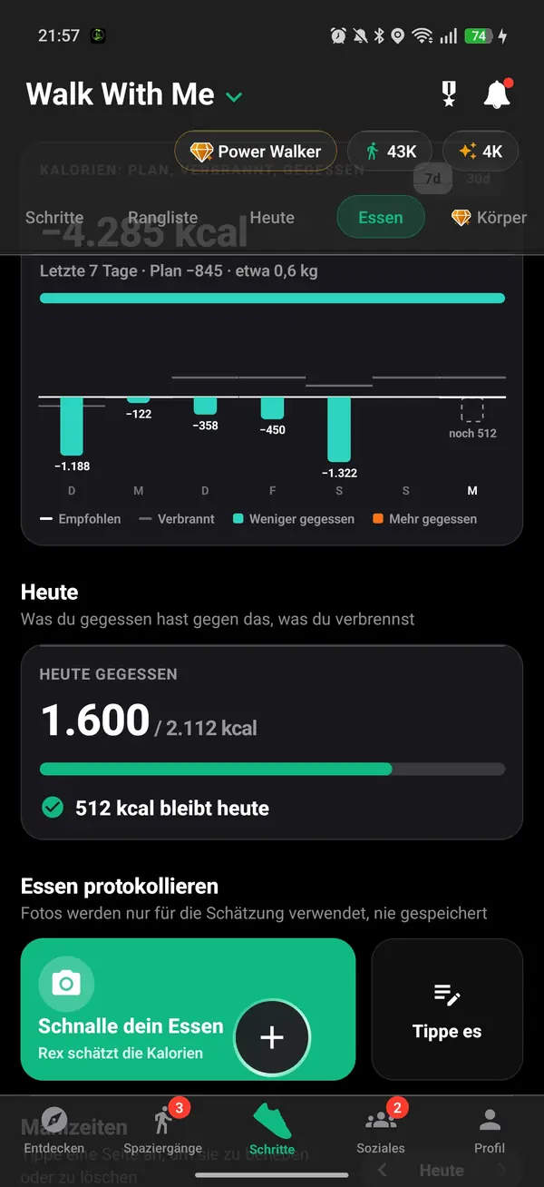 Kalorienverteilung eines Spaziergangs aus Tempo und Steigung