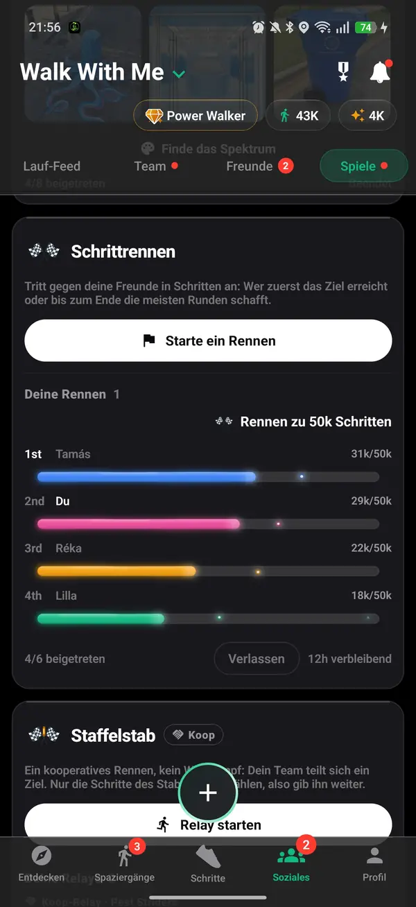 Ein Rennen um 50.000 Schritte zwischen Freunden, mit dir an zweiter Stelle