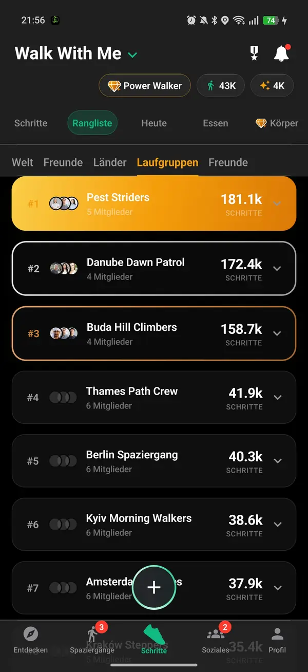 Das gemeinsame Schrittziel eines Walk Packs, das in die Rangliste einfließt