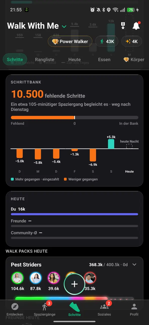 Schritthistorie mit täglichen und wöchentlichen Summen