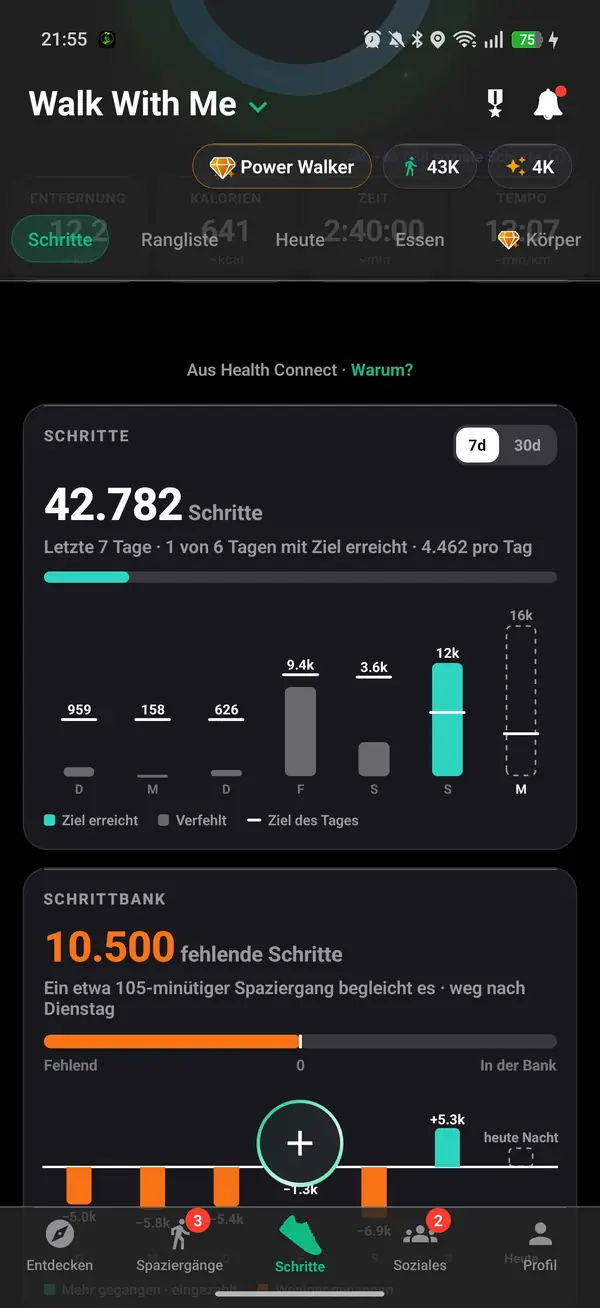 Walk With Me Schritt-Statistiken mit wöchentlichen Gesamtwerten, Durchschnitt und Streak
