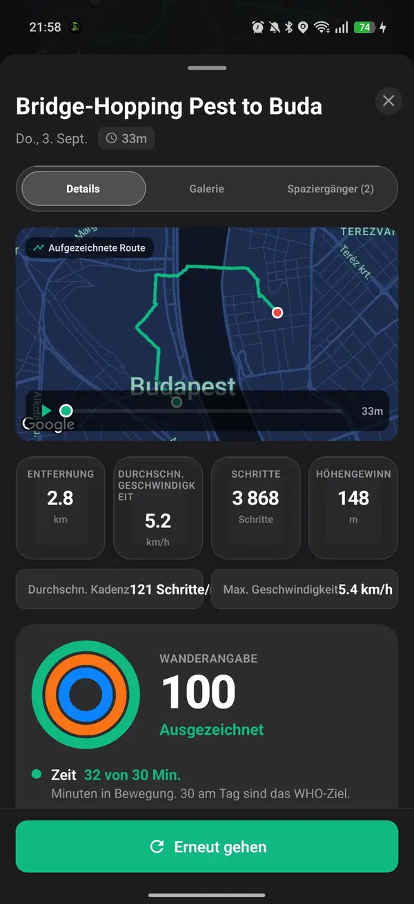 Walk With Me Live-Tracker mit Anzeige von Tempo, Distanz und Kalorien