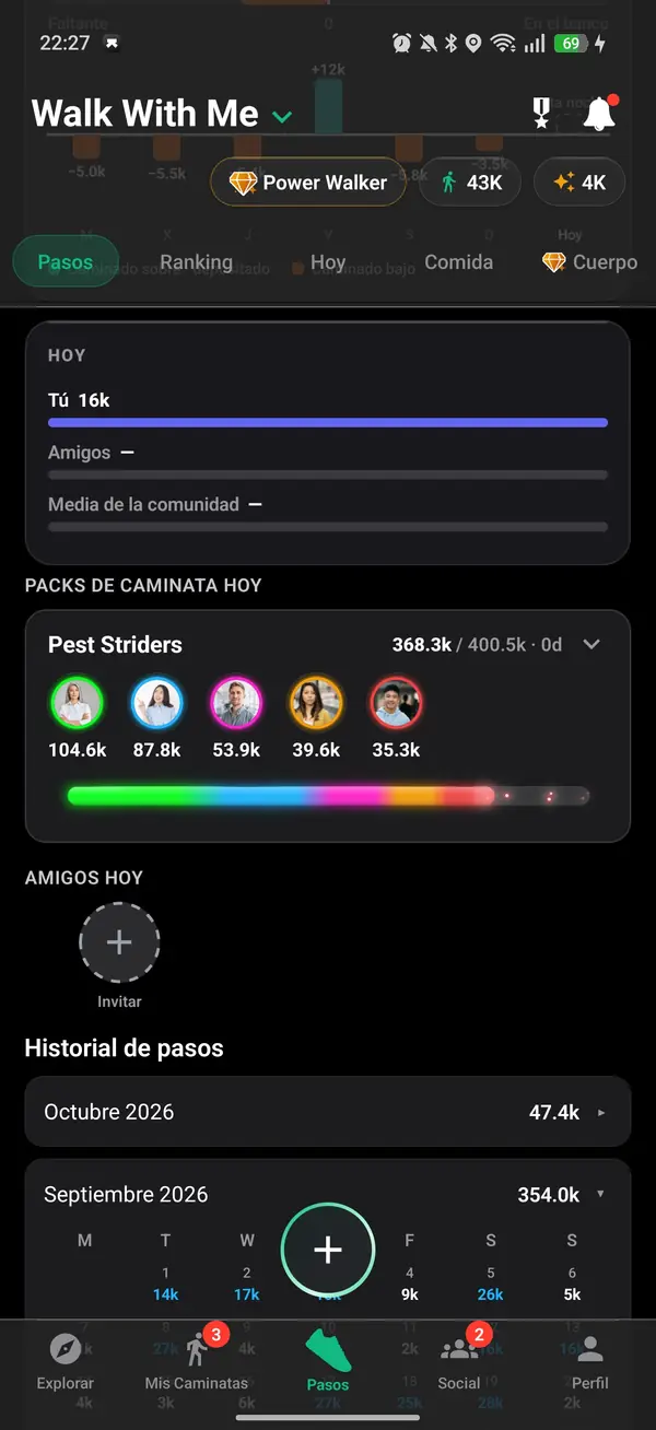 Historial de pasos y de clasificación en el perfil