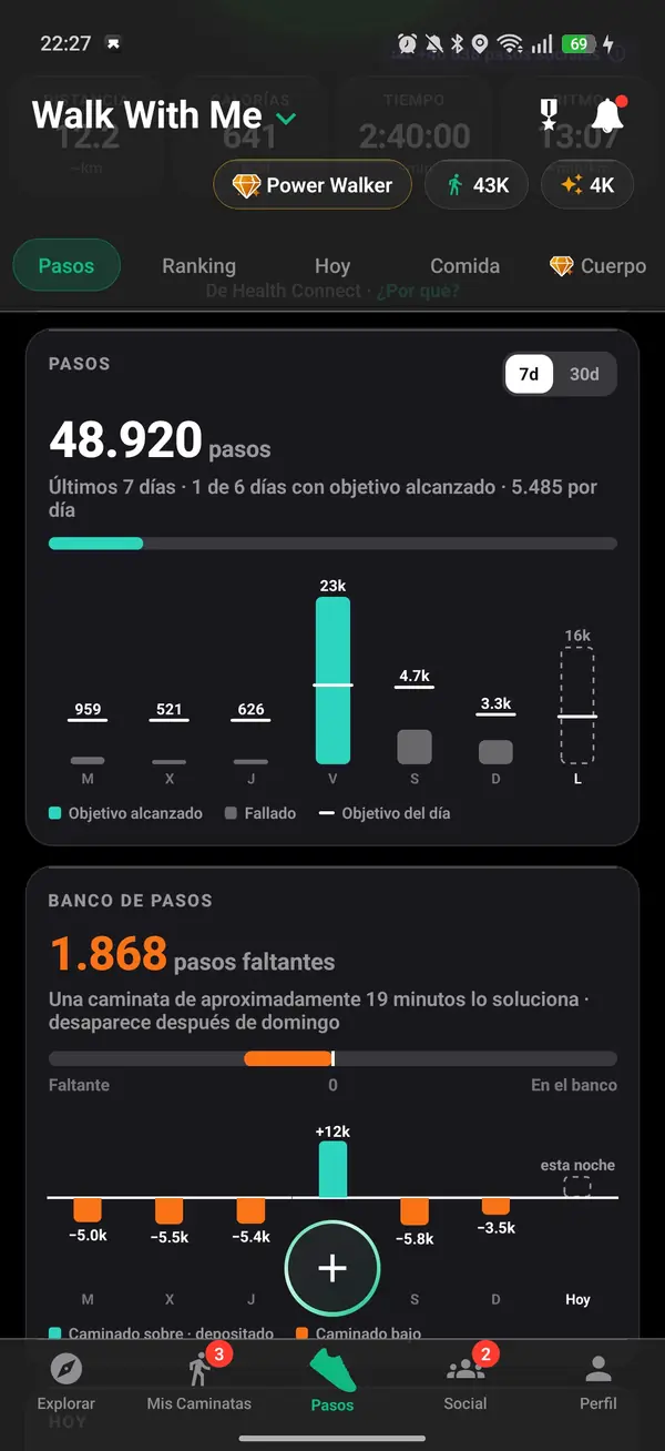 Estadísticas de pasos de Walk With Me con totales semanales, promedio y racha
