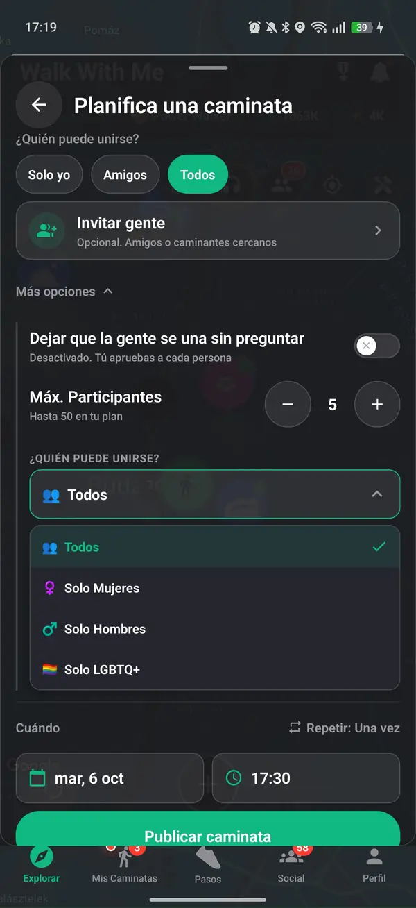 Configurar una caminata como anfitriona y elegir Solo mujeres