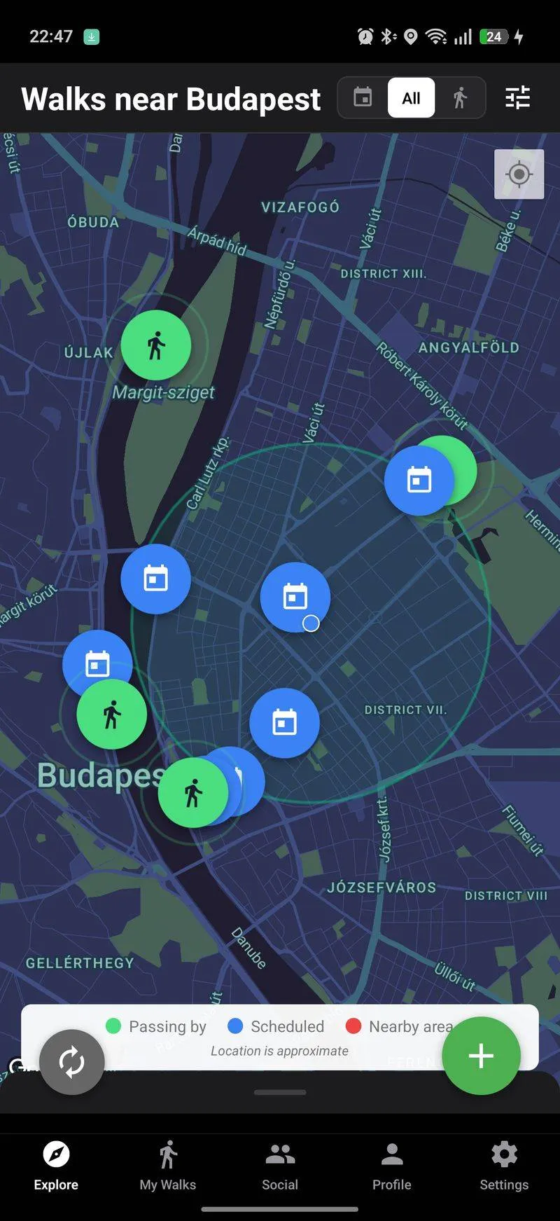 Explore map with walks and purpose markers nearby