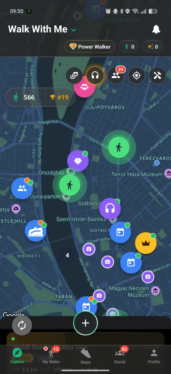 The Explore map with walks nearby