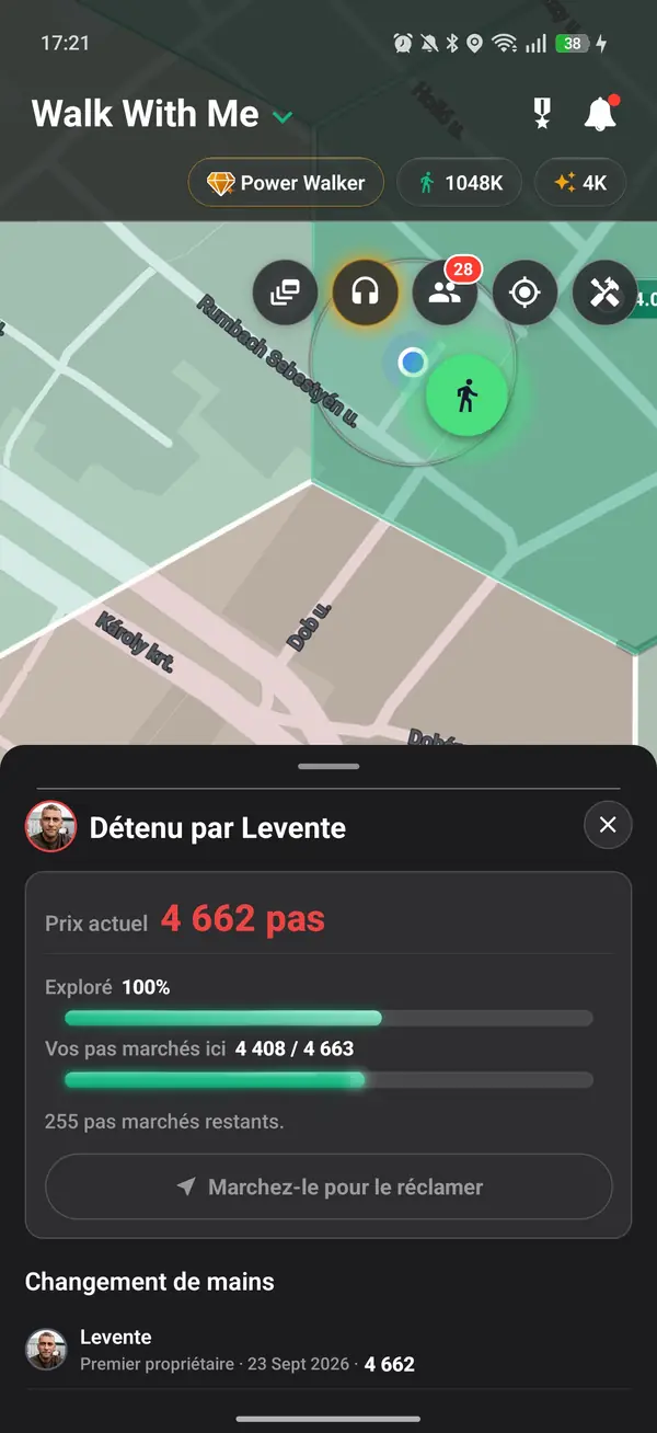 Un Hex détenu avec son prix et les pas cumulés de chaque marcheur