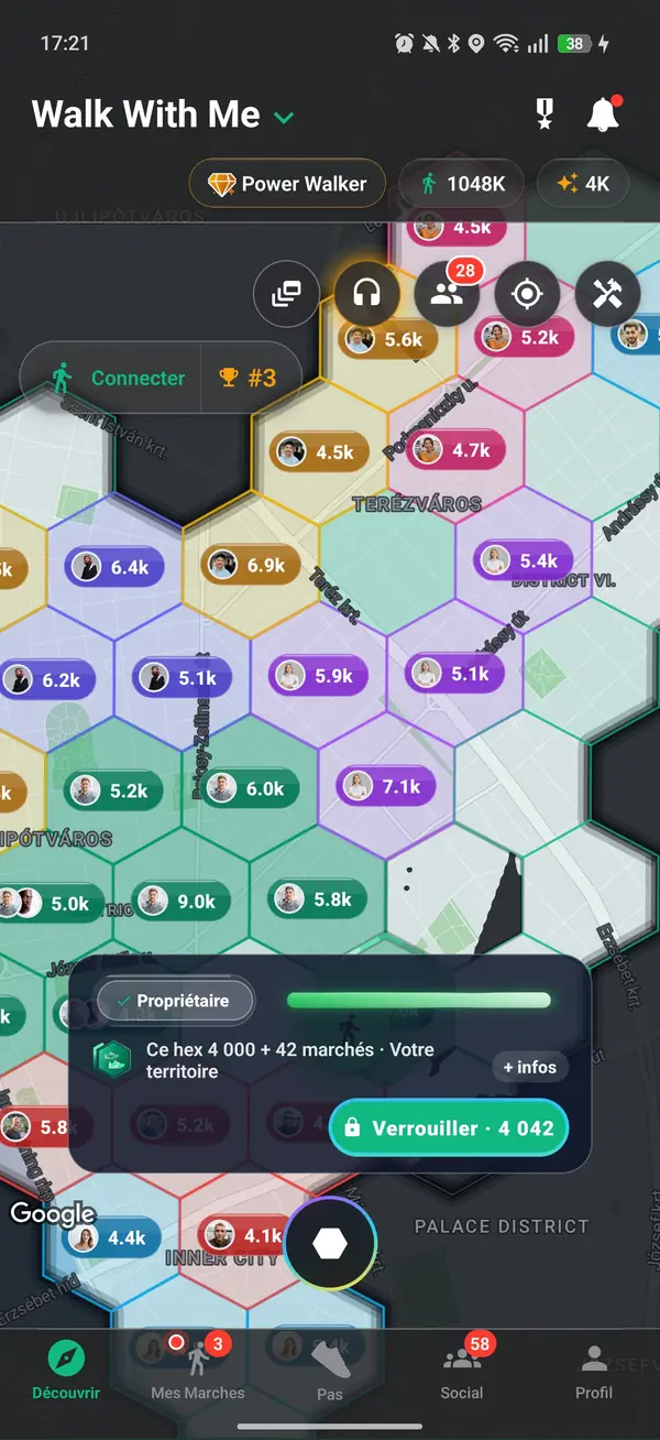 Un hexagone détenu et son prix sur la carte