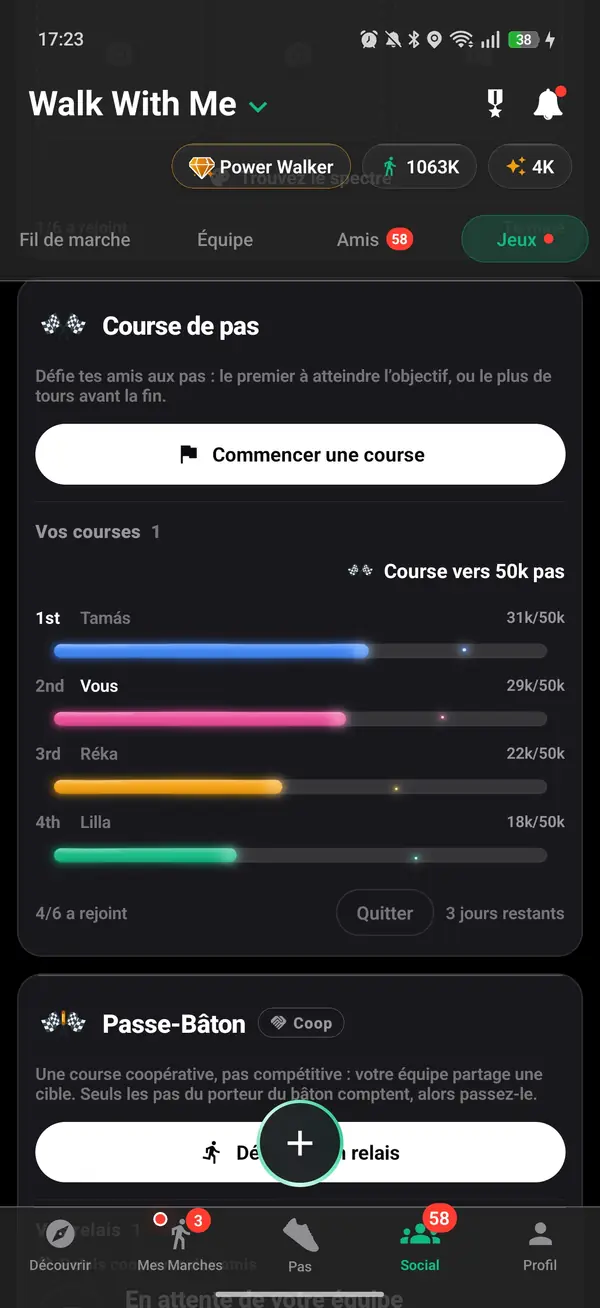 Une course jusqu'à 50 000 pas entre amis, vous en deuxième place